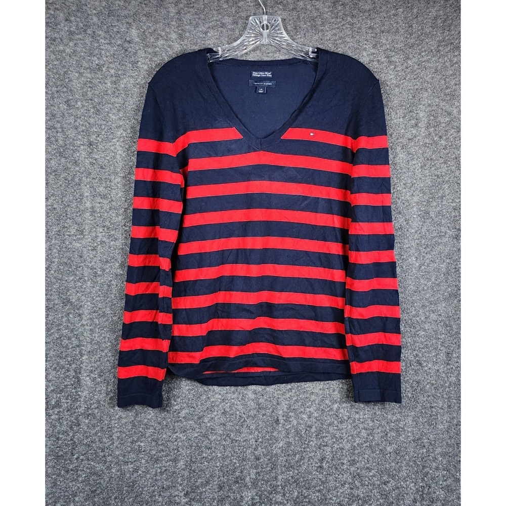 Tommy Hilfiger V-Neck Sweater Women Large Navy Red Striped Pima Cotton Blend